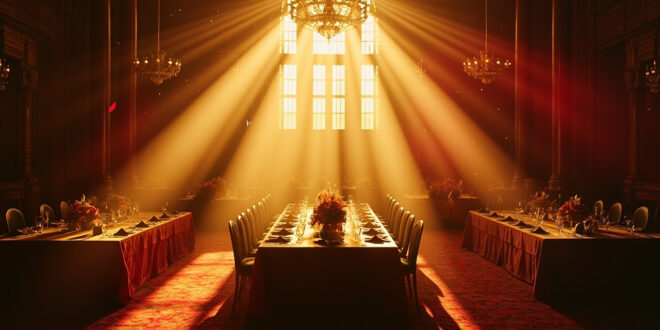 Ornate empty dining table with floral centerpieces prepared for diplomatic reception in abandoned royal palace hall