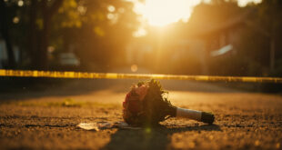 Abandoned wedding venue with wilted bouquet behind police tape in village square at dawn during investigation