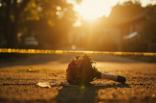 Abandoned wedding venue with wilted bouquet behind police tape in village square at dawn during investigation