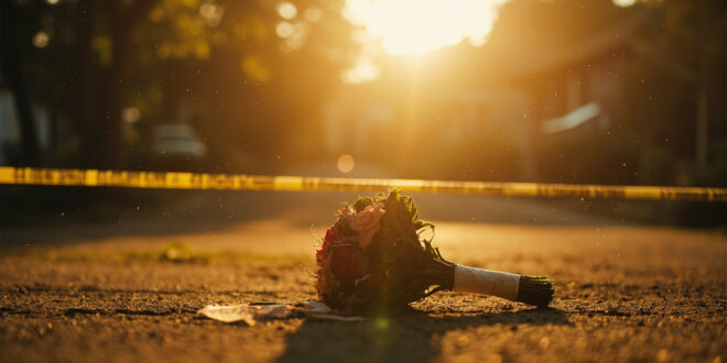 Abandoned wedding venue with wilted bouquet behind police tape in village square at dawn during investigation