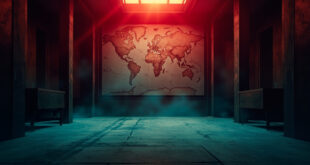 Abandoned diplomatic chamber with unmarked world map on wall, dramatically lit in red and blue, showing geopolitical tensions