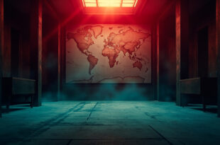 Abandoned diplomatic chamber with unmarked world map on wall, dramatically lit in red and blue, showing geopolitical tensions