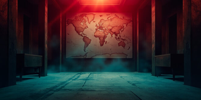 Abandoned diplomatic chamber with unmarked world map on wall, dramatically lit in red and blue, showing geopolitical tensions