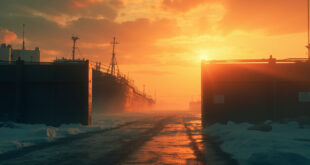Abandoned oil tanker facing closed maritime checkpoint gate at dawn in narrow industrial waterway under orange sky