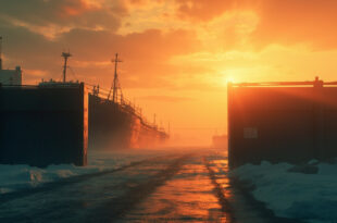 Abandoned oil tanker facing closed maritime checkpoint gate at dawn in narrow industrial waterway under orange sky