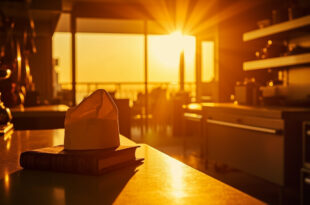 Empty professional kitchen at sunset with chef's hat resting on cookbook, bathed in warm golden light among stainless steel.
