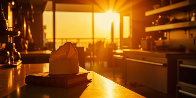Empty professional kitchen at sunset with chef's hat resting on cookbook, bathed in warm golden light among stainless steel.