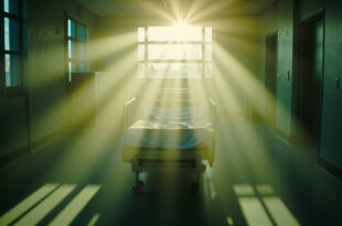 Empty hospital room with freshly made bed bathed in dawn light streaming through window, signifying completed recovery