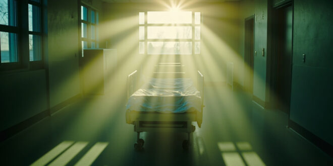 Empty hospital room with freshly made bed bathed in dawn light streaming through window, signifying completed recovery