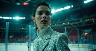 Luxurious white designer outfit with sparkling crystal embellishments displayed in empty VIP section of ice hockey arena