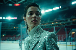 Luxurious white designer outfit with sparkling crystal embellishments displayed in empty VIP section of ice hockey arena