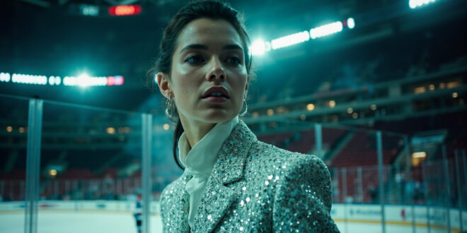 Luxurious white designer outfit with sparkling crystal embellishments displayed in empty VIP section of ice hockey arena