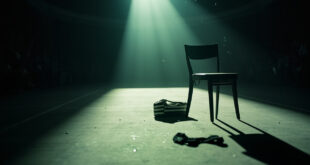Empty fashion runway with spotlight illuminating a designer handbag on chair amid scattered accessories in vacant Parisian venue