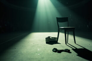 Empty fashion runway with spotlight illuminating a designer handbag on chair amid scattered accessories in vacant Parisian venue