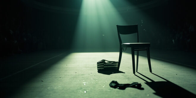 Empty fashion runway with spotlight illuminating a designer handbag on chair amid scattered accessories in vacant Parisian venue
