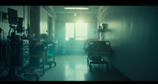 Empty hospital room with silent life support equipment and monitoring devices at dawn, sterile corridor visible