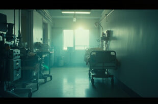 Empty hospital room with silent life support equipment and monitoring devices at dawn, sterile corridor visible