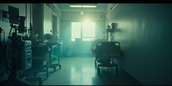 Empty hospital room with silent life support equipment and monitoring devices at dawn, sterile corridor visible