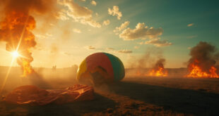 Empty hot air balloon basket and deflated fabric on ground after crash, with orange flames and gray smoke in clear sky