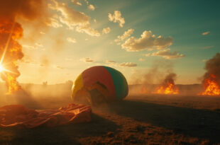 Empty hot air balloon basket and deflated fabric on ground after crash, with orange flames and gray smoke in clear sky