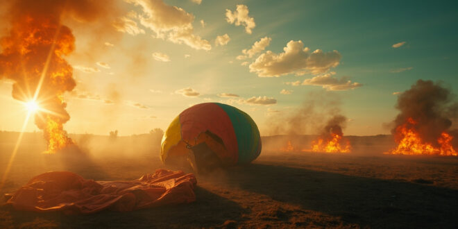 Empty hot air balloon basket and deflated fabric on ground after crash, with orange flames and gray smoke in clear sky