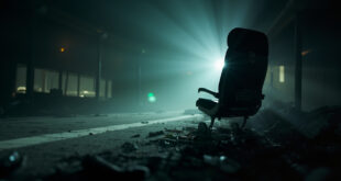 Empty aircraft seat 11J with fastened seatbelt amid debris in abandoned airport terminal at dusk