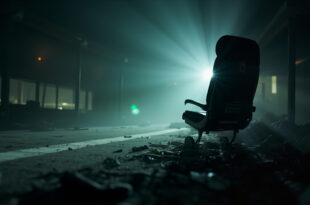 Empty aircraft seat 11J with fastened seatbelt amid debris in abandoned airport terminal at dusk