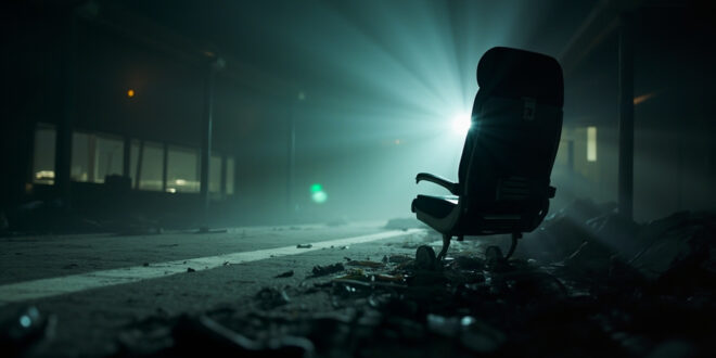 Empty aircraft seat 11J with fastened seatbelt amid debris in abandoned airport terminal at dusk