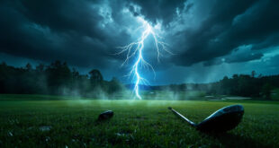 Lightning bolt striking an empty golf green with abandoned clubs on wet grass under a dramatic stormy sky
