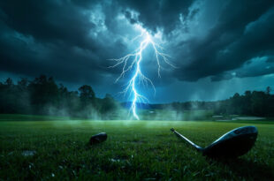 Lightning bolt striking an empty golf green with abandoned clubs on wet grass under a dramatic stormy sky