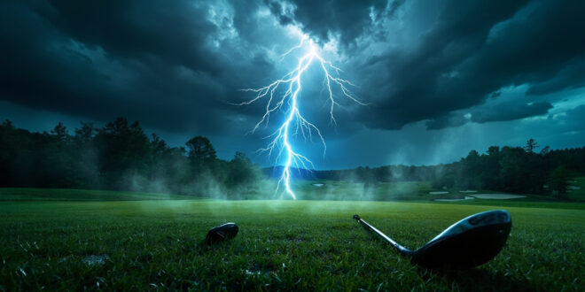 Lightning bolt striking an empty golf green with abandoned clubs on wet grass under a dramatic stormy sky