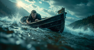 Capsized boat hull emerging from dark, stormy mountain lake waters with turbulent waves under dramatic gray skies