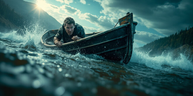 Capsized boat hull emerging from dark, stormy mountain lake waters with turbulent waves under dramatic gray skies