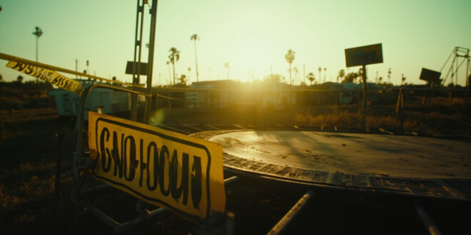 Cordoned off dangerous trampoline with warning signs at an abandoned fairground at dawn, yellow barriers visible