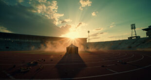 Abandoned athletic stadium at dusk with a solitary investigation tent surrounded by scattered equipment on the empty field.