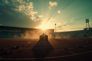 Abandoned athletic stadium at dusk with a solitary investigation tent surrounded by scattered equipment on the empty field.