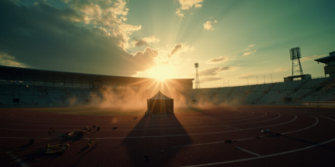 Abandoned athletic stadium at dusk with a solitary investigation tent surrounded by scattered equipment on the empty field.