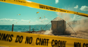 Empty evidence tent and fluttering police tape at a cordoned-off deserted lakeshore crime scene in morning light
