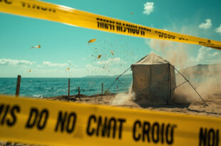 Empty evidence tent and fluttering police tape at a cordoned-off deserted lakeshore crime scene in morning light