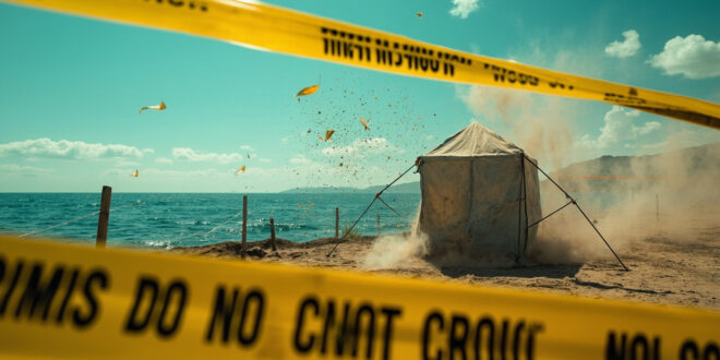 Empty evidence tent and fluttering police tape at a cordoned-off deserted lakeshore crime scene in morning light