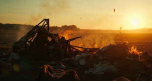 Collapsed hot air balloon wreckage with burned fabric and flames scattered across desolate Brazilian countryside at dawn