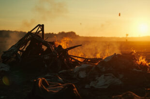 Collapsed hot air balloon wreckage with burned fabric and flames scattered across desolate Brazilian countryside at dawn