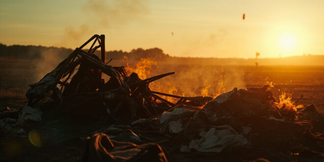 Collapsed hot air balloon wreckage with burned fabric and flames scattered across desolate Brazilian countryside at dawn