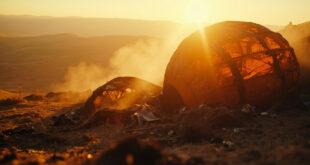 Burned hot air balloon wreckage scattered across desolate hillside at dawn, charred fabric and debris illuminated in gray and orange