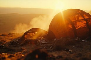 Burned hot air balloon wreckage scattered across desolate hillside at dawn, charred fabric and debris illuminated in gray and orange