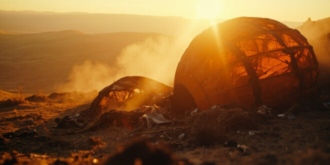 Burned hot air balloon wreckage scattered across desolate hillside at dawn, charred fabric and debris illuminated in gray and orange