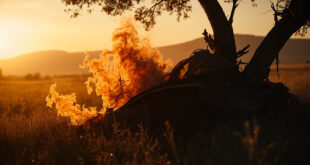 Deflated hot air balloon remnants scattered across Brazilian highland meadow at dawn, with torn fabric caught in trees