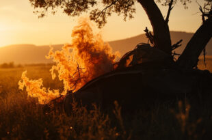 Deflated hot air balloon remnants scattered across Brazilian highland meadow at dawn, with torn fabric caught in trees