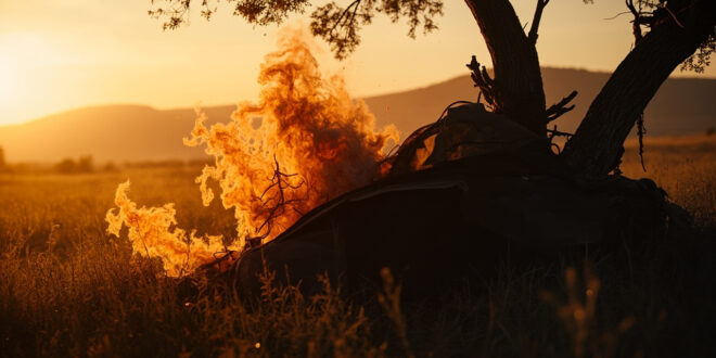 Deflated hot air balloon remnants scattered across Brazilian highland meadow at dawn, with torn fabric caught in trees