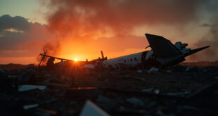 Scattered airplane wreckage including broken wing in desolate field at dusk, aftermath of aviation disaster